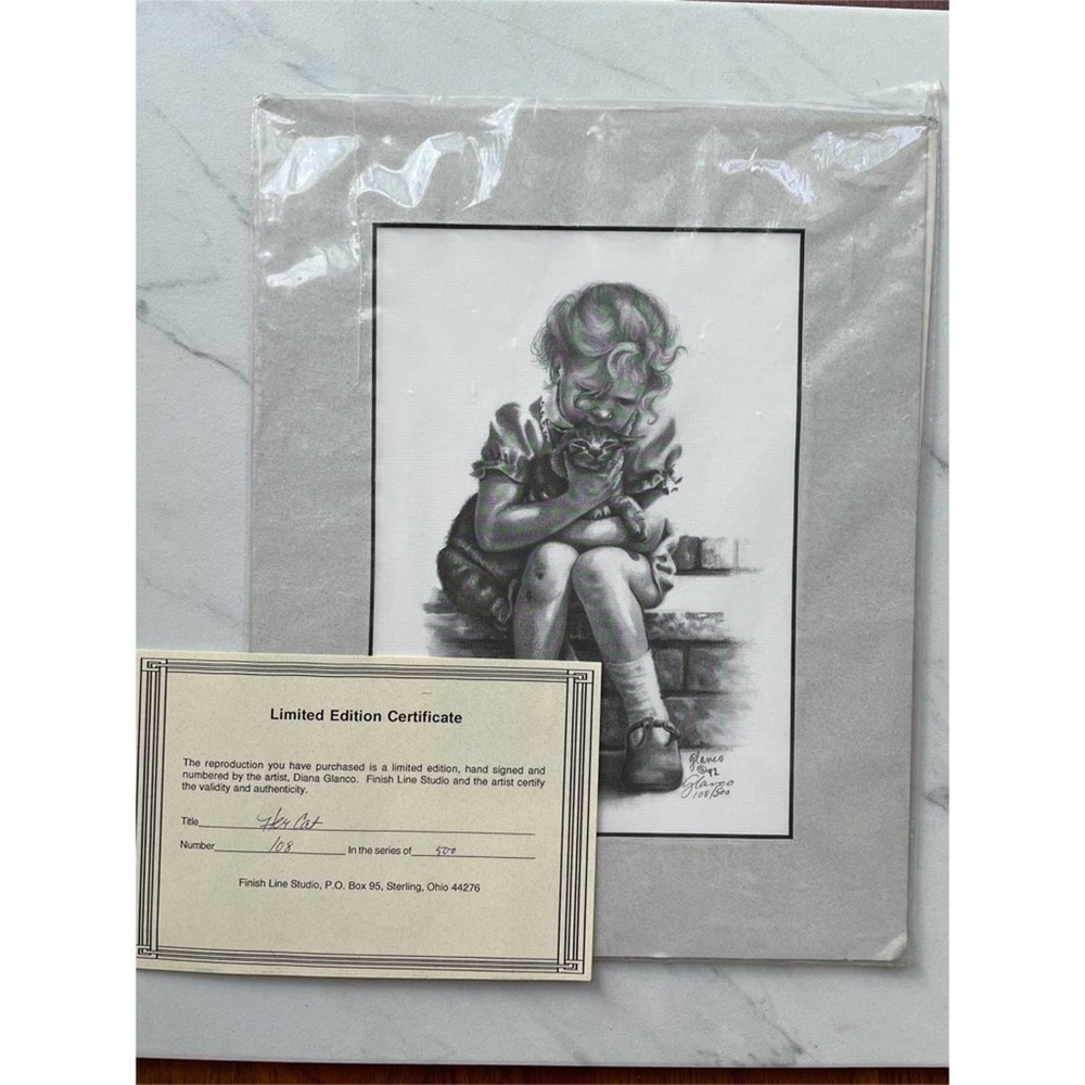 Diana Glanco Artwork Print Cat Limited Signed Vtg decor pencil sketch